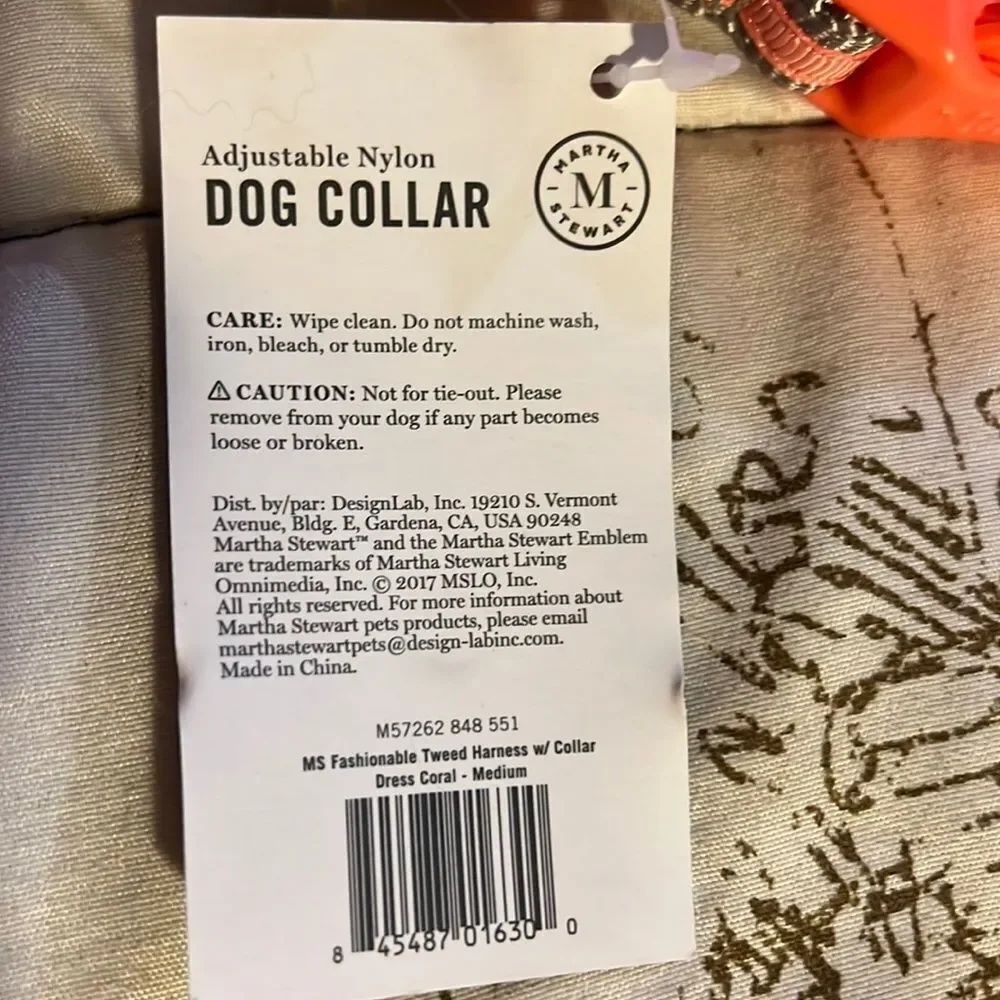 Martha Stewart Adjustable Nylon Light Orange Dog Collar Sz 16